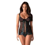 Selente Love & Fun - Juego de Ropa de Noche para Mujer, 3 Piezas, de Negligee/Babydoll, Tanga y Venda de satén, Negro-Pink S-M