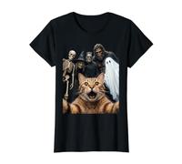 Selfie de Gato Divertido con Esqueleto de Halloween, Fantasma y Bruja Camiseta gráfica económica, Mujer, Negro, XL