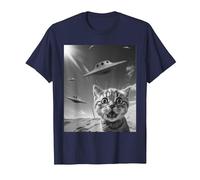 Selfie de Gato Divertido con ovnis alienígenas Camiseta, Hombre, Azul Marino, L
