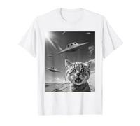 Selfie de Gato Divertido con ovnis alienígenas Camiseta, Hombre, Blanco, L