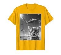 Selfie de Gato Divertido con ovnis alienígenas Camiseta, Hombre, Dorado Brillante, L