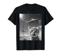 Selfie de Gato Divertido con ovnis alienígenas Camiseta, Hombre, Negro, L