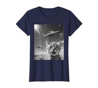 Selfie de Gato Divertido con ovnis alienígenas Camiseta, Mujer, Azul Marino, L