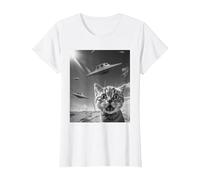 Selfie de Gato Divertido con ovnis alienígenas Camiseta, Mujer, Blanco, L