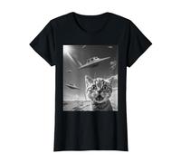 Selfie de Gato Divertido con ovnis alienígenas Camiseta, Mujer, Negro, L
