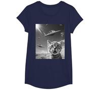 Selfie de Gato Divertido con ovnis alienígenas Camiseta, Niñas, Azul Marino, L