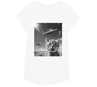 Selfie de Gato Divertido con ovnis alienígenas Camiseta, Niñas, Blanco, L