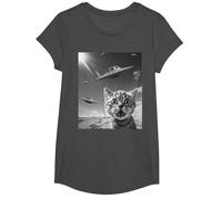 Selfie de Gato Divertido con ovnis alienígenas Camiseta, Niñas, Jaspeado Oscuro, L