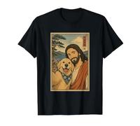Selfie de Perro con Jesucristo Arte Ukiyo-e Japonés Suave Camiseta gráfica económica, Hombre, Negro, S