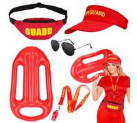 SelfTek 5 accesorios de disfraz de salvavidas, sombrero de salvavidas rojo, bolsa de cintura, gafas de sol negras, flotador, accesorio inflable para mujeres, hombres, playa, piscina, fiesta de
