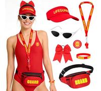 SelfTek Baywatch - Juego de disfraz de guardia de vida para hombre y mujer, disfraz de salvavidas con sombrero de Baywatch, protector de pecho, riñonera, gafas de sol, goma para el pelo, silbato para