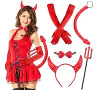 SelfTek Disfraz de carnaval de diablo para mujer - 9 piezas disfraz sexy para mujer con capa, guantes, cinta para el pelo, tenedor, collar, máscara, pegatinas, disfraz de diablo para carnaval, fiesta