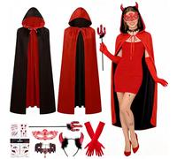 SelfTek Disfraz de Diablo de Carnaval para Mujer - 9 Piezas Conjunto con Capa, Guantes, Diadema, Horca, Collar, Máscara y Pegatinas. Ideal para Carnaval y Halloween