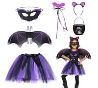 SelfTek Disfraz de murciélago para niños, 6 piezas de disfraces de murciélago de Halloween, incluye alas, falda tutú, diadema, máscara, varita mágica y bolsa de mano, traje de Halloween para niñas y