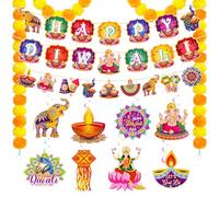 SelfTek Diwali Decoraciones - Guirnalda de caléndula artificial Happy Diwali, flores y remolinos colgantes, decoraciones para festivales de luces, fiesta india, hogar, casa, decoración Diwali