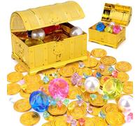 SelfTek Tesoro Pirata, 106 PCS Monedas y Gemas Piratas, Cofres del Tesoro para Fiestas Temáticas, Cofre del Tesore para Aventuras, Kit para Búsqueda del Tesore