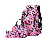 SellerFun Mochila escolar con estampado geométrico para niñas, primaria, secundaria, escuela secundaria, mochila, 2# Negro-3 piezas, 35 Liters
