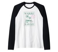 Sello de Viaje Retro Waikiki Hawaii Honolulú Beach Palm Camiseta Manga Raglan