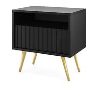 Selsey Mesita De Noche con Compartimento Abierto Y Cajón con Lamas Patas Doradas Mesilla De Noche Negro Bello