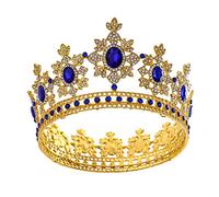 SELVFZ Royal Queen King Coronas doradas Tiaras redondas Diadem Prom Wedding Hair Jewelry Azul para diadema de diamantes de imitación para mujer