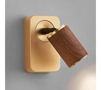 SEMANHUA Aplique de pared retro metal dorado con pantalla nogal: lámpara lectura LED ajustable para dormitorio, pasillo y decoración hogar(1-light)