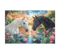 Sementales a la luz de la Luna en el Lago de Loto Puzzle 1000 Piezas Desafío Intelectual 3D Realista Rompecabezas para Hombres Y Mujeres Obra De Arte Colorido Decoración Hogar 1000 PCS