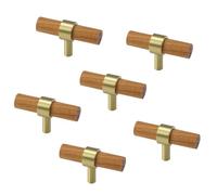 Semetall 6 tiradores de madera de haya, pomos de gabinete de latón de madera maciza para armario de armario, manija de tirador de un solo agujero con tornillos, 60 mm x 36 mm