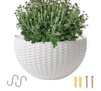 Semi Circle Planter - Hanging Balcony Wall Flower Pot, Half Round Rattan Style Planter with Drainage & Hooks, Drill Free Hanging Flower Pot for Balcony Railing, Wall, Garden, Patio & Windowsill Decor