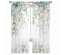 Semi Sheer Sage Green Leaf Curtains 63 Inch, Light Filtering Chiffon Drapes for Living Room Bedroom Kitchen, Rod Pocket 52x63 Set of 2 Panels