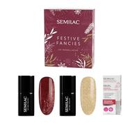 Semilac Festive Fancies - Juego de esmaltes de uñas UV 396 Flash Red y 037 Disco Gold + aceite de fresa y vainilla