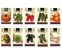 Semillas ECOLÓGICAS huerto lote 10 sobres (Tomate, Pimiento italiano, Pimiento rojo, Berenjena, Calabacin, Cebolla, Pepino, Melón, Sandía, Puerro)