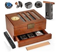 SEMKONT Humidificador de puros, cerradura vintage y cajón de accesorios, humidificador de cigarros de madera de cedro, higrómetro empotrado, humidificador de escritorio con humidificador, encendedor