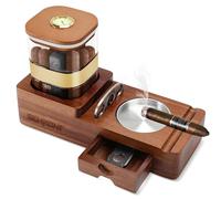 SEMKONT Juego de humidor y cenicero de cigarros, bandeja de madera con tarro humidificador acrílico, soporte para cortador, cajón, ranura y accesorios de cortador de puros, juegos de regalo para el
