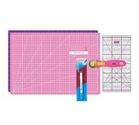 SEMPLIX Juego de alfombrillas de corte, posavasos de corte de 45 x 30 cm (A3), cortadora de rodillos maxi, regla de patchwork y marcador de viaje Aqua PRYM (rosa/morado)
