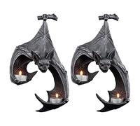 Sempoda 2 portavelas de pared de murciélago, soporte para candelabro de pared de murciélago, escultura rústica para colgar en la pared, soporte doble para Halloween, para casa, oficina, jardín, baño,