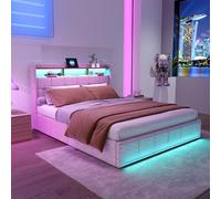 Sempoda Cama de matrimonio 160 x 200 cm, cama con cajón RGB LED teledirigidos, 2 puertos USB y tipo C, camas acolchadas, estructura de material de lino para un confort natural (beige, 160 x 200 cm)
