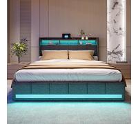 Sempoda Cama de matrimonio de 160 x 200 cm, cama con cajón RGB LED teledirigido, 2 puertos USB y tipo C, camas acolchadas, estructura de material de lino para un confort natural (gris, 160 x 200 cm)
