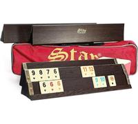 Semus Premium - Juego de madera para takimi Ahsap Okey con piedras de melamina pintadas a mano, 104 fichas, 2 comodines, 4 soportes, cubos, bolsa de transporte y accesorios