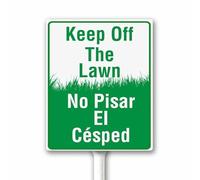 Señal bilingüe con texto en inglés «Keep Off the Law», «No Pisar El Césped» español, no se aleja la hierba, sin perros, con estaca para valla de jardín, aluminio resistente, resistente a la
