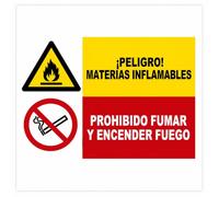 Señal Combinada Materias Inflamables + Prohibido Fumar y Encender Fuego 300x200mm