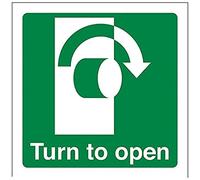 Señal con el texto: «Turn To Open Clockwise» VSafety 22018 AF-S seguridad para puertas, autoadhesivo, cuadrado, 100 mm x 100 mm, color verde