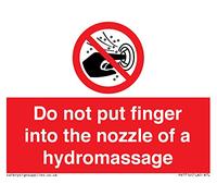 Señal con texto en inglés "Do not put finger into the nozzle of a hydromassage", 100 x 75 mm, A7L