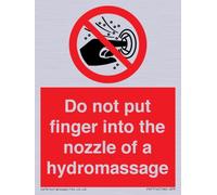 Señal con texto en inglés "Do not put finger into the nozzle of a hydromassage", 75 x 100 mm, A7P