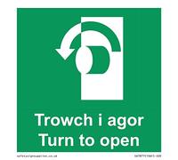 Señal con texto en inglés "Trowch i agor Turn to open", 200 x 200 mm, S20
