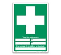 Señal con texto en inglés "Your First Aiders Are/First Aid Box Is Situated - A3 de plástico rígido de 1 mm - Primeros Auxilios Seguridad de emergencia
