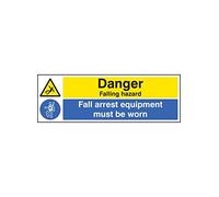 Señal «Danger falling hazard fall arrest equipment must be worn», de la marca Caledonia Signs, modelo 16457G, plástico rígido, 300 mm x 100 mm