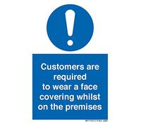 Señal de 50 x 75 mm, tamaño A8P, con texto en inglés "Customers are required to wear a face coverwhile on the premises"