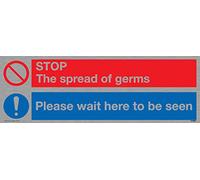 Señal de acero inoxidable de 1 mm con texto en inglés "Stop gérmenes, please wait here to be seed"