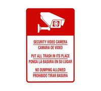 Señal de advertencia bilingüe con la cámara de video de seguridad con texto en inglés "Put All Trash In Its Place No Dumping Allowed" bilingüe, letreros metálicos de seguridad para negocios, hogar