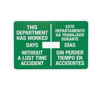 Señal de advertencia bilingüe con texto en inglés «This Department Has Worked Days Without A Lost Time» para construcción, para el hogar, negocios, calle, pared, precaución, decoración personalizada